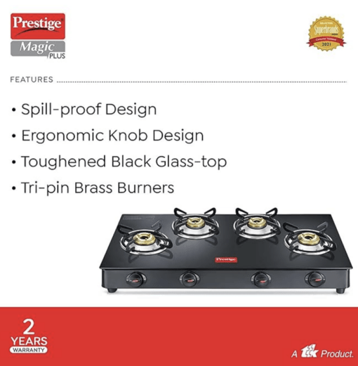 Prestige Magic plus Toughened Glass-Top(Long)4 Brass Burner LPG Gas Stove (GTMP-04L)| Black Spill Proof Design | Ergonomic Knob | Tri-Pin Burner - Image 2